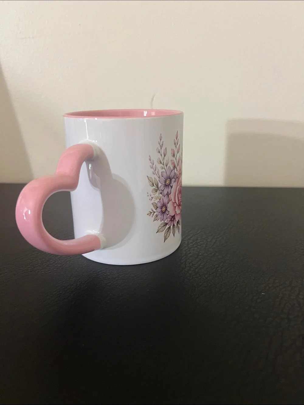 Pink Floral Ceramic Mug with Heart Handle - Elegant Gift Mug